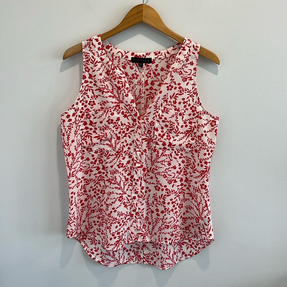 Sanctuary Red Sleeveless Button Down Blouse White Floral Tank Top Large